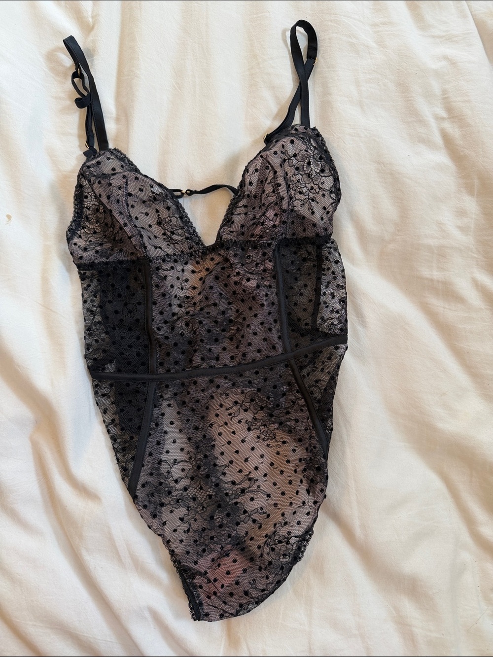 Victoria's Secret Black Sheer Lace Polka Dot Bodysuit Chemise